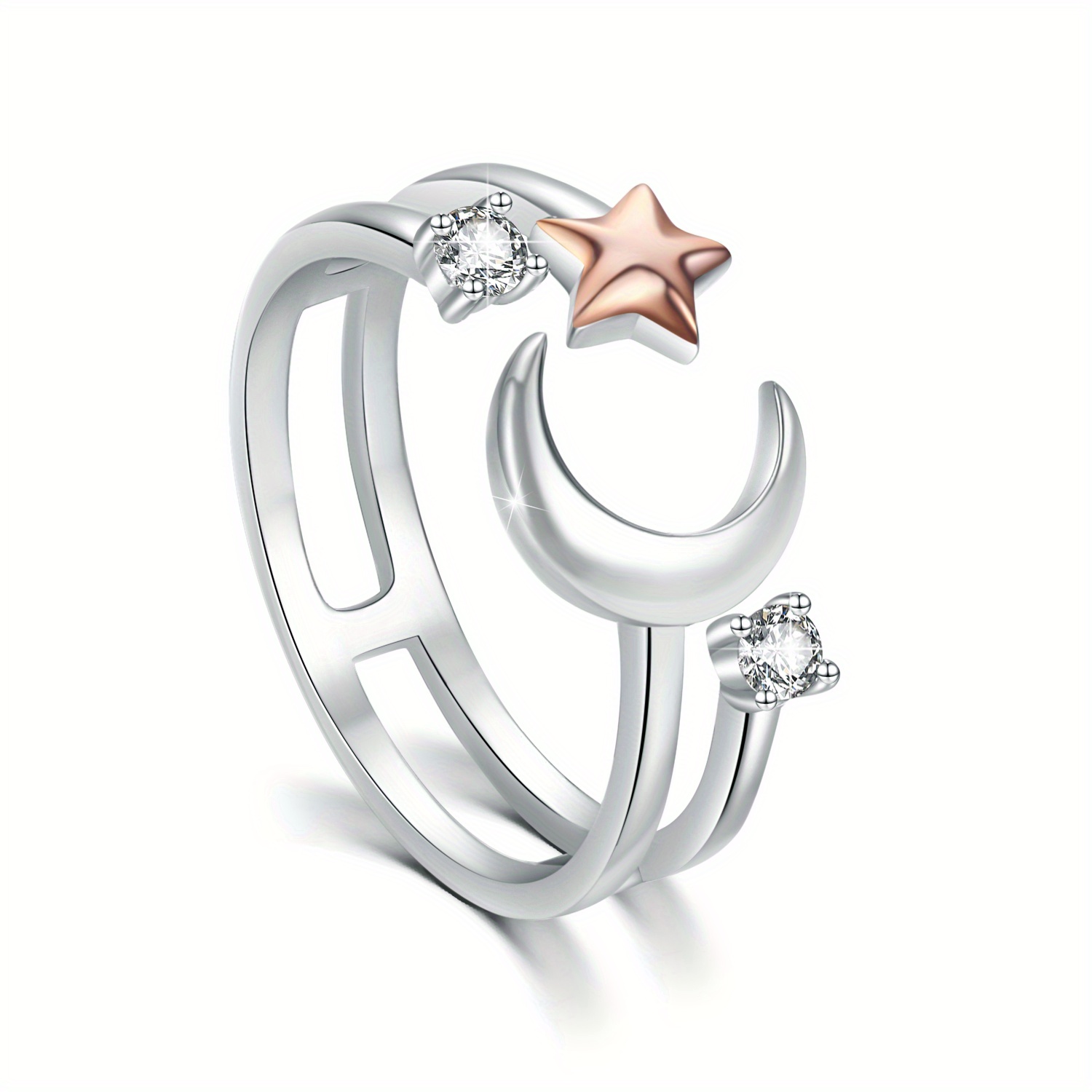 Moon Ring 925 Sterling Silver Crescent Moon Star Ring Adjustable Open Ring